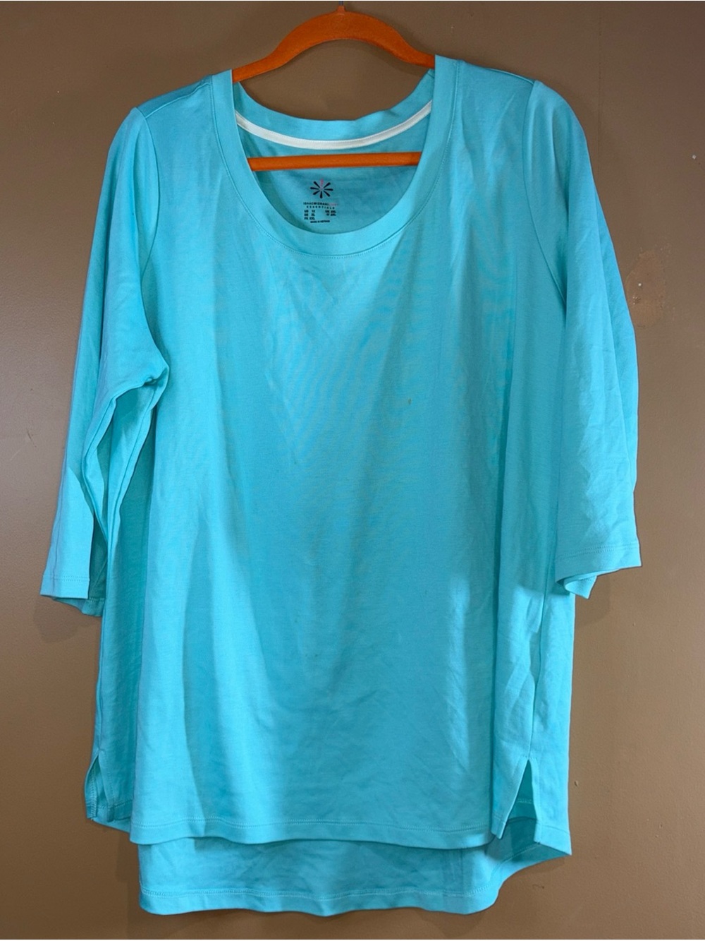 HC824 Isaac Mizrahi Scoop Neck Shirt Sz 1X Aqua 3/4 Sleeve Pull On A300290 Women